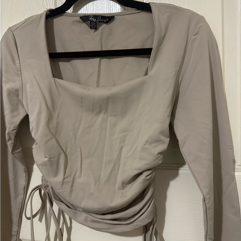 Foxy Jeans Taupe Ruched Square Neck Long Sleeve Top | Size S - Picture 4 of 12